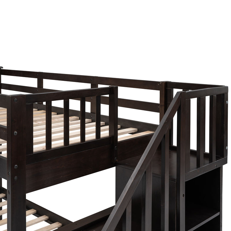 Twin Over Full Stairway Bunk Bed With Drawer, Storage And Guard Rail For Bedroom, Dorm, For Adults