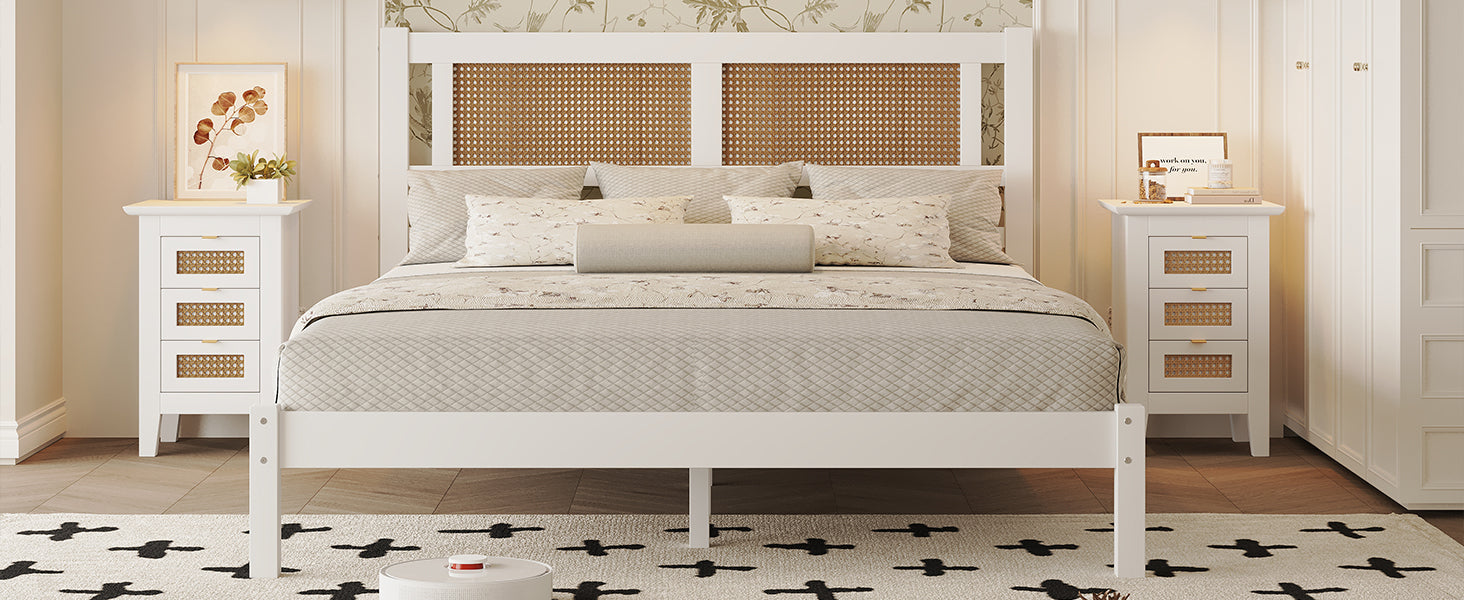 Queen Size Wood Platform Bed with Natural Rattan Headboard,Exquisite Elegance with Minimalist Charm for Bedroom,White - Atlantic Fine Furniture Melbourne FL