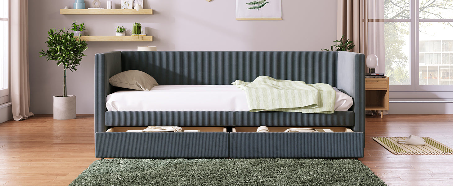 Twin Size Corduroy Daybed with Two Drawers and Wood Slat, Gray - Atlantic Fine Furniture Melbourne FL