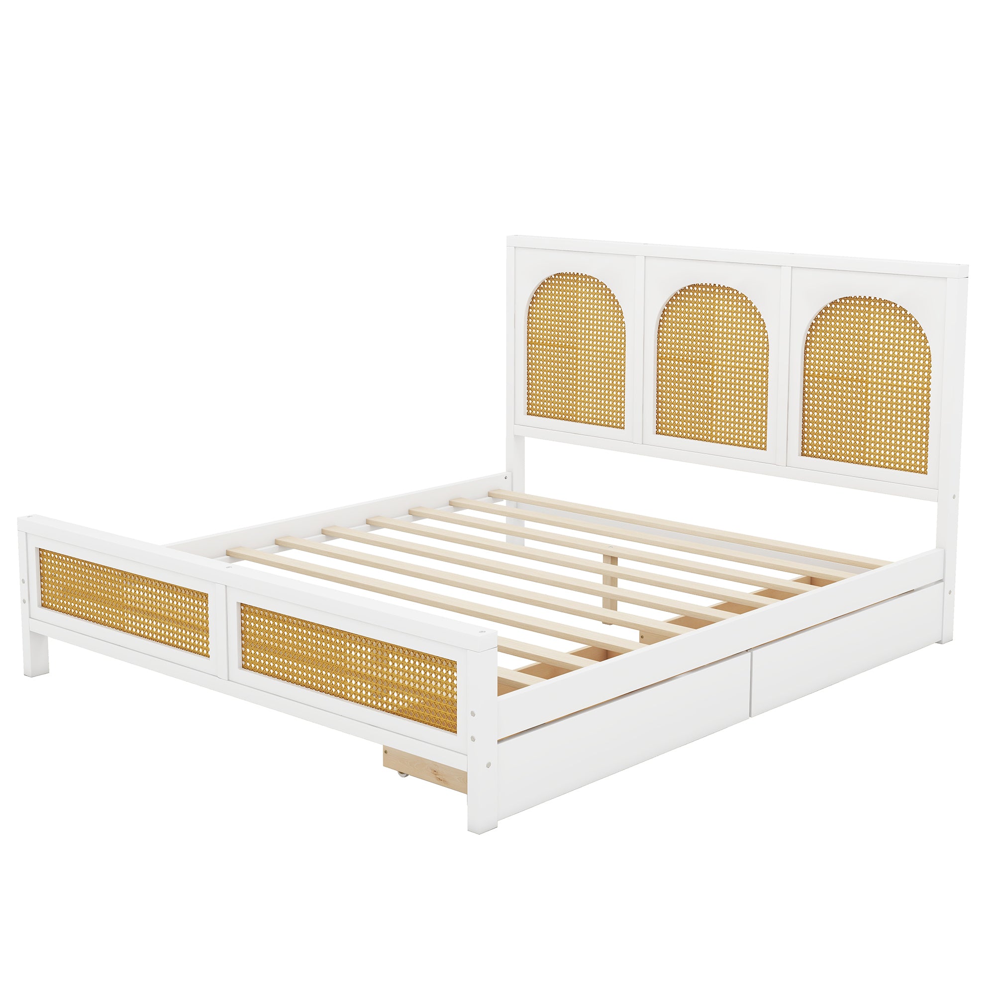 Queen Size Wood Storage Platform Bed with 2 Drawers, Rattan Headboard and Footboard, White - Atlantic Fine Furniture Melbourne FL