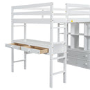 Full Size Loft Bed With Built In Desk, 2 Drawers, Storage Shelves - White