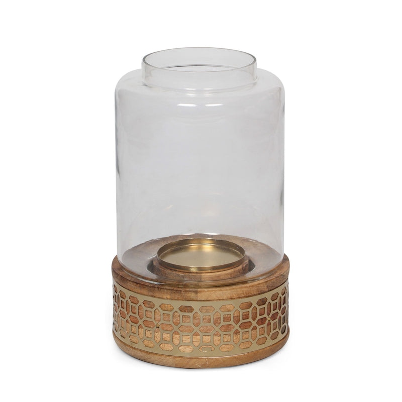 Lippert Boho Handcrafted Mango Wood Hurricane Candle Holder With Tempered Glass And Metal Accents, Large - Natural
