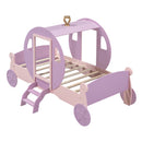 Twin size Princess Carriage Bed with Crown,Wood Platform Car Bed with Stair,Purple+Pink