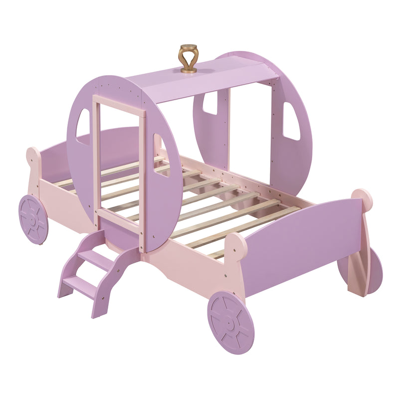 Twin size Princess Carriage Bed with Crown,Wood Platform Car Bed with Stair,Purple+Pink