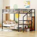 Full Over Full Metal Bunk Bed with Lateral Storage Ladder and Wardrobe, Black