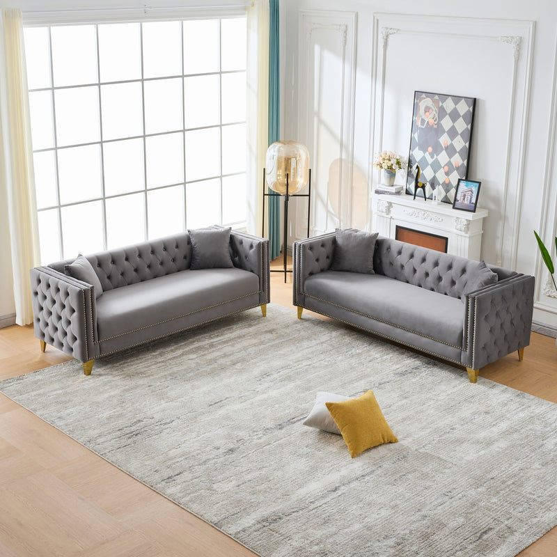 3 And 3 Seater Deep Seat Sofa With Button Nailhead And Square Arm Design - Gray