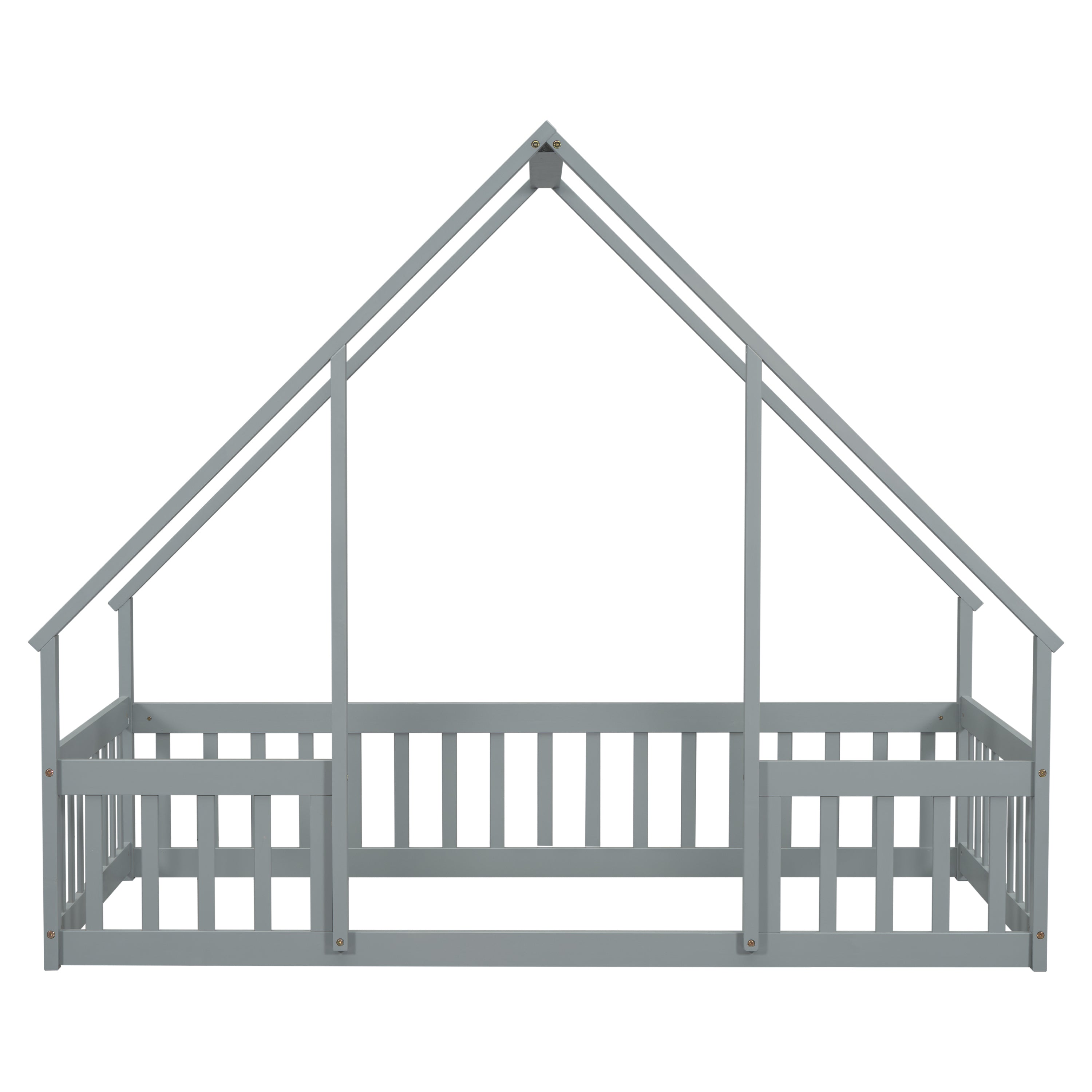 Twin Wood House-Shaped Floor Bed with Fence, Guardrails ,Grey