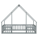 Twin Wood House-Shaped Floor Bed with Fence, Guardrails ,Grey