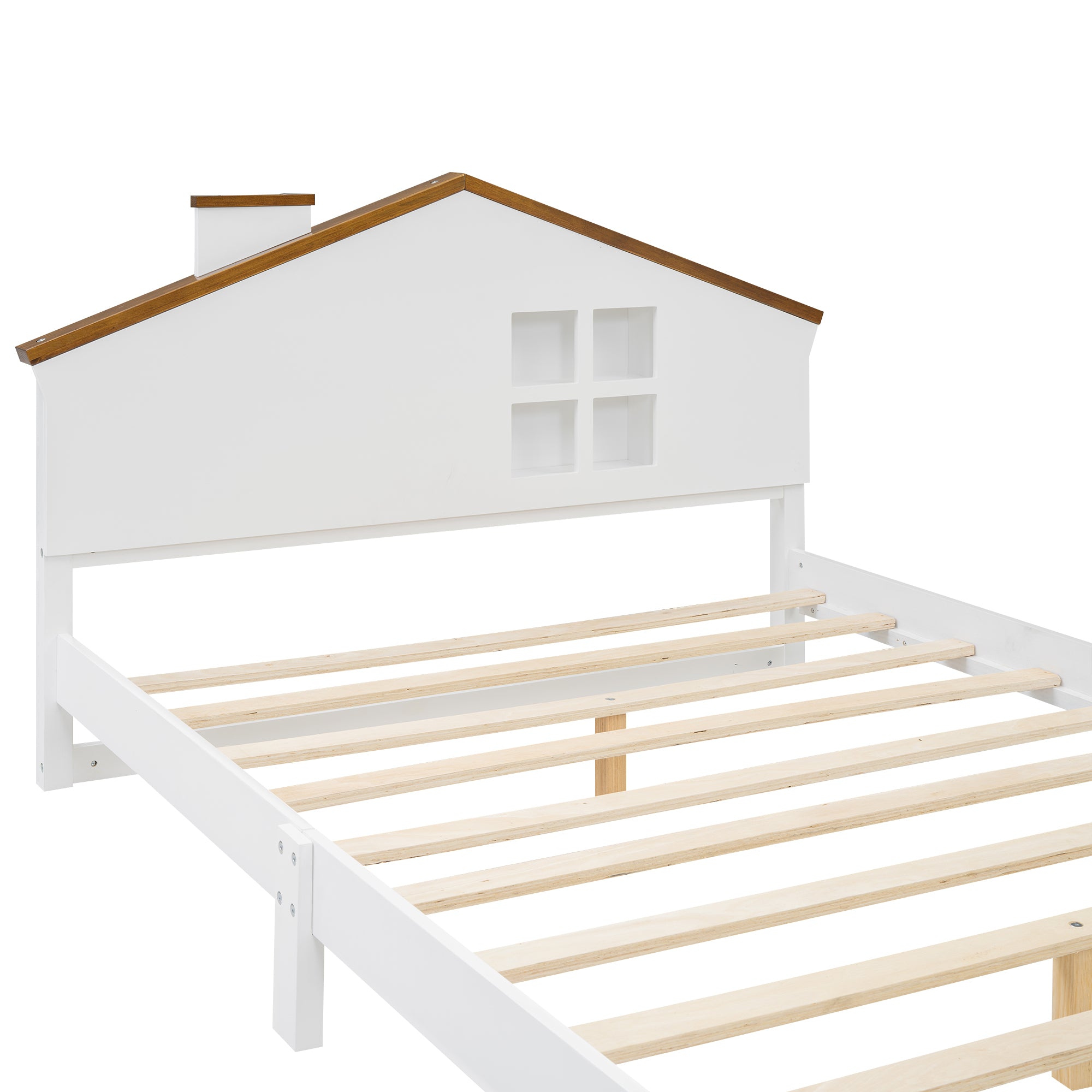 Full Size Wood Platform Bed with House-shaped Headboard and Built-in LED, Walnut+White - Atlantic Fine Furniture Melbourne FL