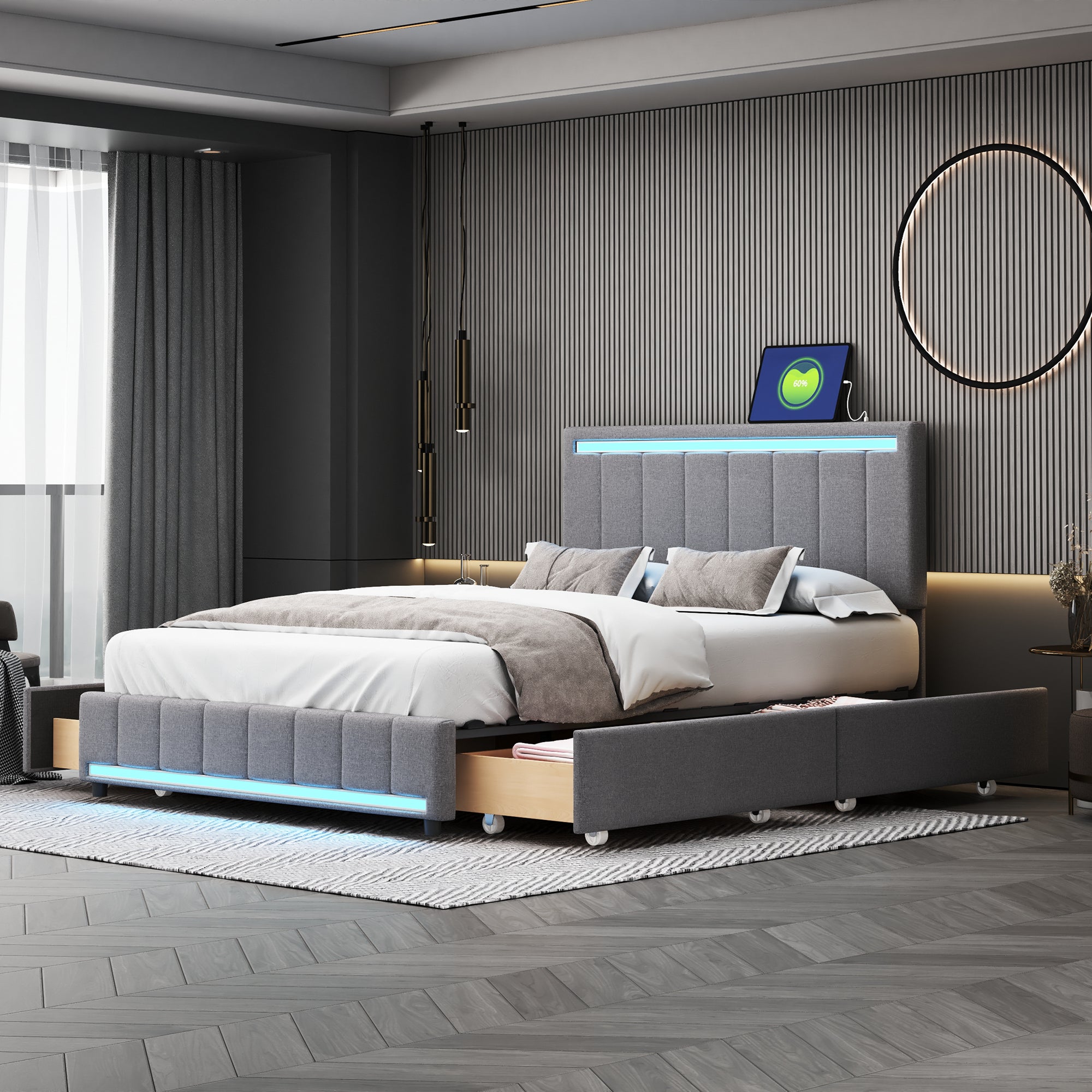 Full Size Upholstered Bed with LED Light and 4 Drawers,  Modern Platform Bed with a set of Sockets and USB Ports, Linen Fabric, Gray - Atlantic Fine Furniture Melbourne FL
