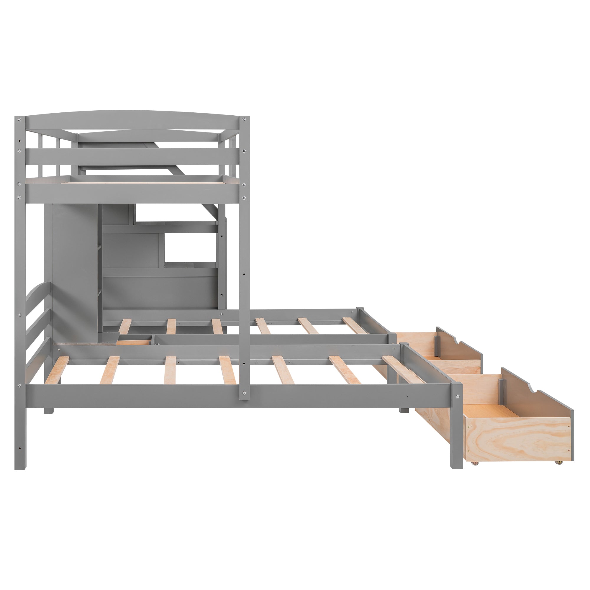Twin over Twin&Twin Bunk Bed, Triple Bunk Bed with Drawers, Staircase with Storage, Built-in Shelves, Gray - Atlantic Fine Furniture Melbourne FL