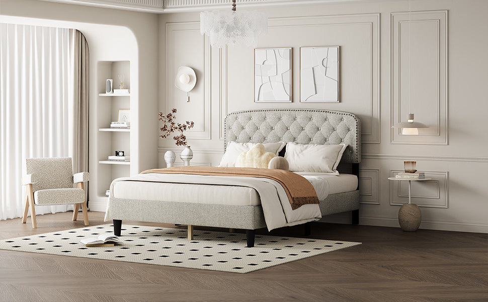 Queen size Adjustable Headboard with Fine Linen Upholstery and Button Tufting for Bedroom,  Wave Top  cream White