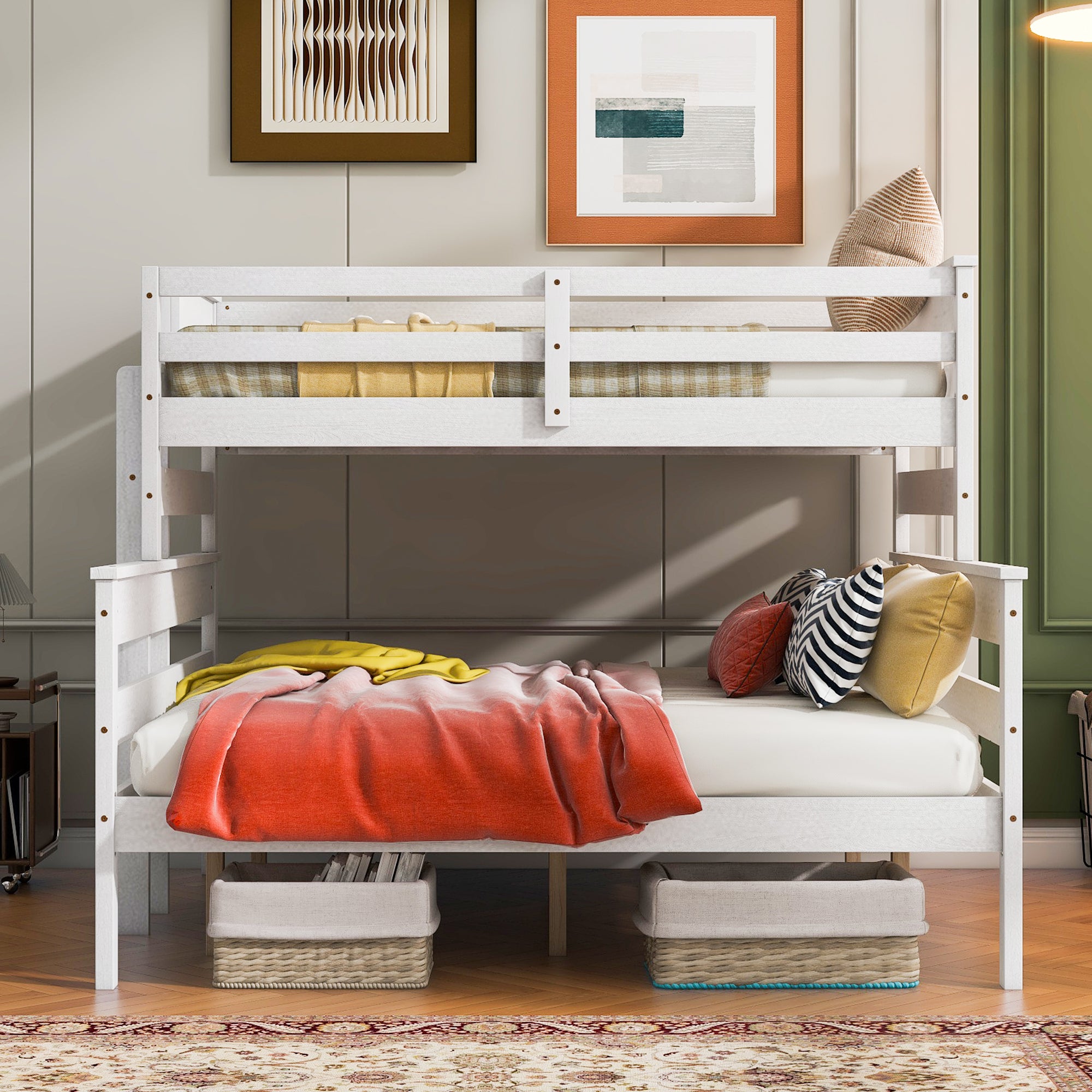 Wood Twin XL over Queen Bunk Bed with Ladder, White - Atlantic Fine Furniture Melbourne FL