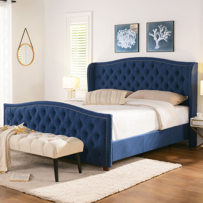 Marcella - King Upholstered Shelter Headboard Bed Set - Dark Sapphire Blue