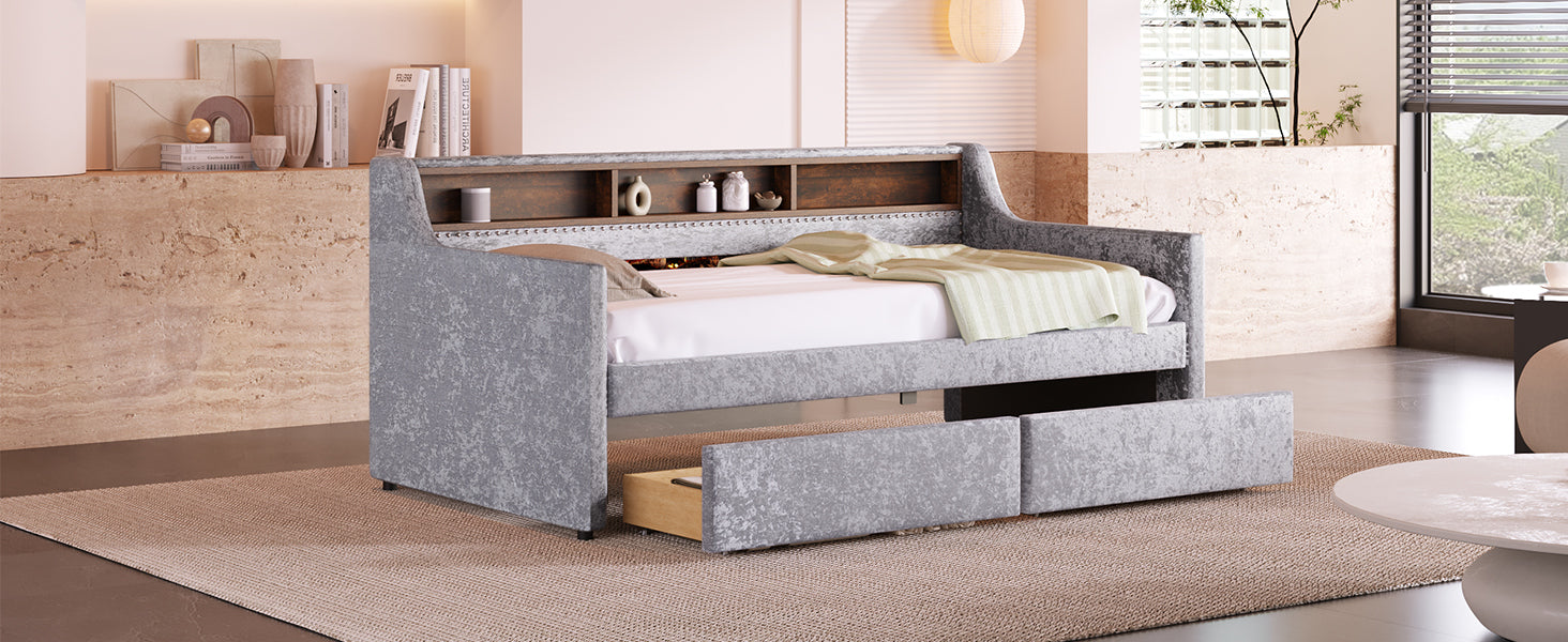 Twin Size Snowflake Velvet Daybed with Two Storage Drawers and Built-in Storage Shelves,Gray - Atlantic Fine Furniture Melbourne FL