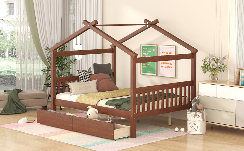 Full Size Wooden House Bed with Drawers, Walnut - Atlantic Fine Furniture Melbourne FL
