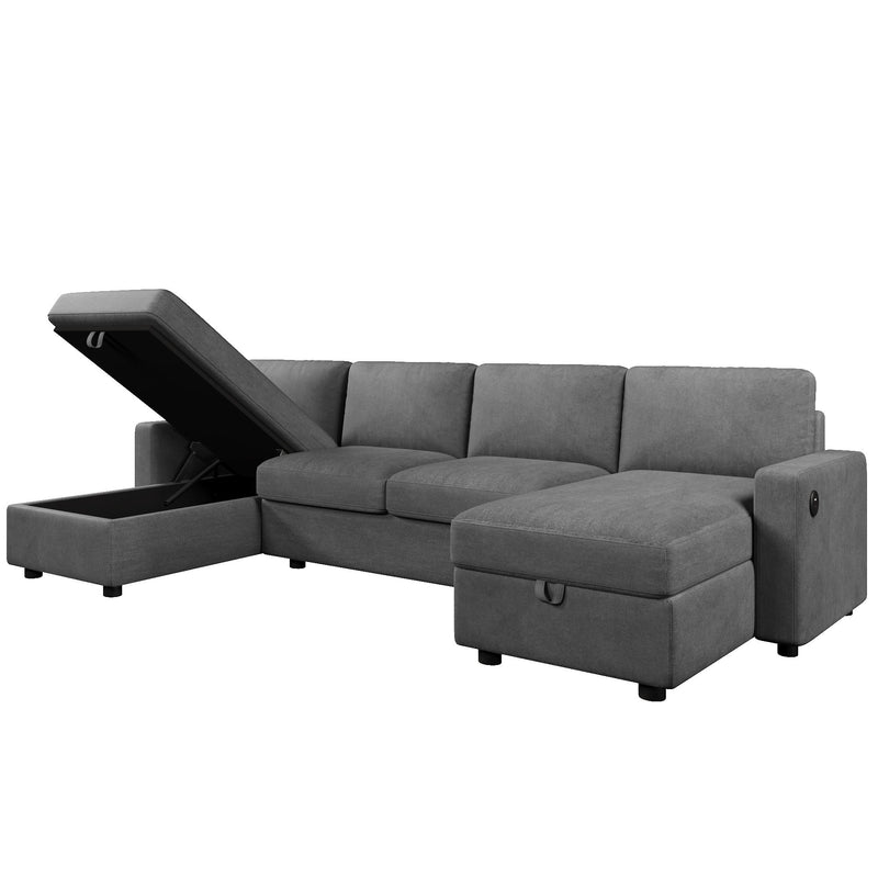 Convertible Sectional Sofa With Storage Chaise Lounges And USB Ports