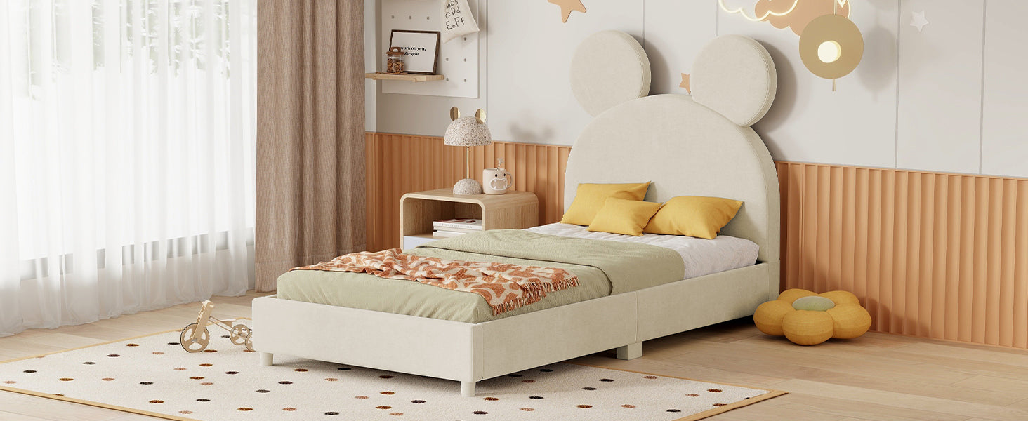 Twin Size Upholstered Platform Bed with Bear Ear Shaped Headboard, Beige - Atlantic Fine Furniture Melbourne FL