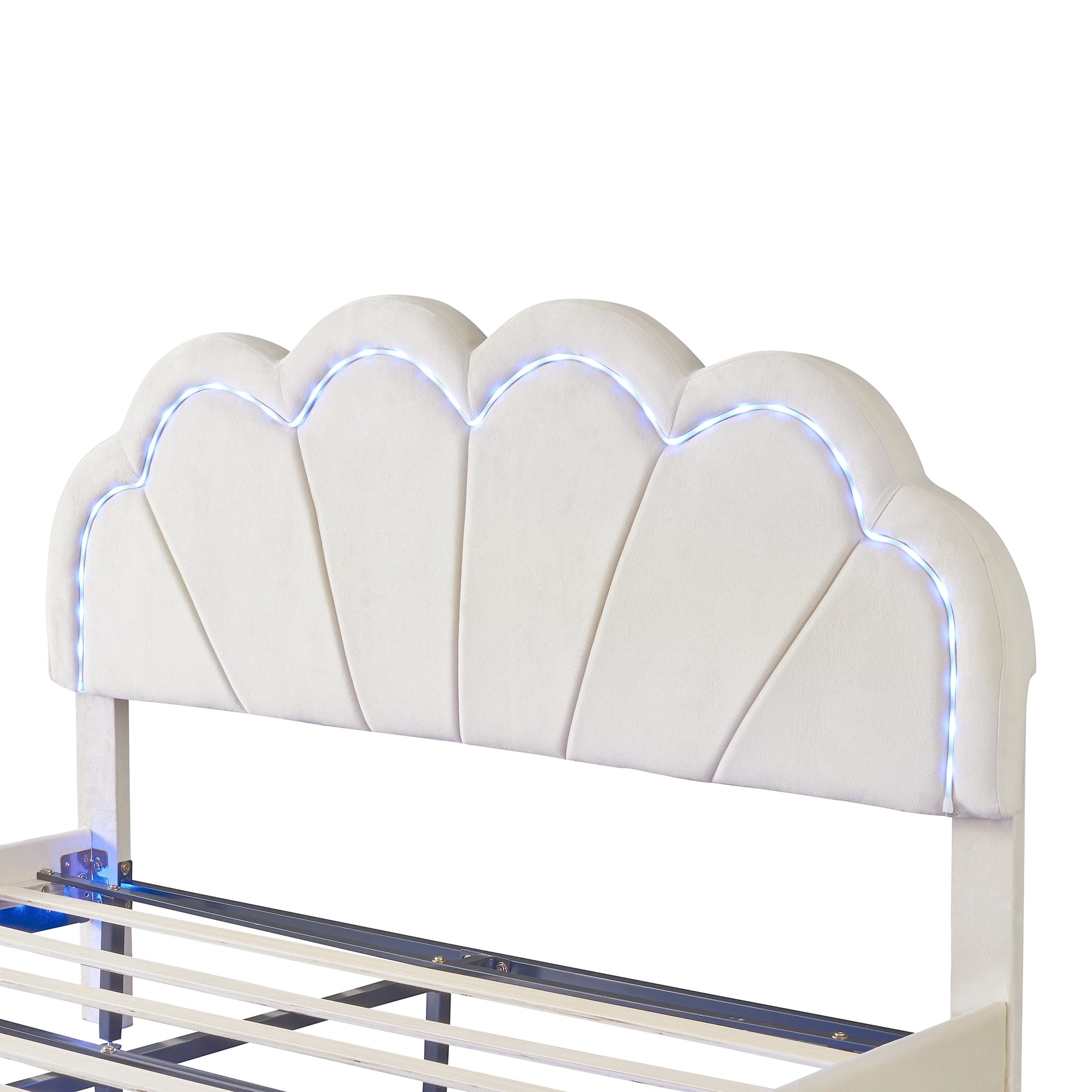 Queen Upholstered Smart LED Bed Frame with Elegant Flowers Headboard,Floating Velvet Platform LED Bed with Wooden Slats Support,Beige - Atlantic Fine Furniture Melbourne FL