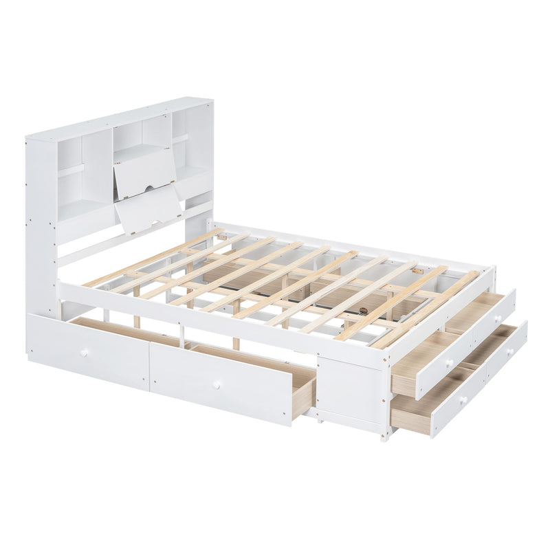 Queen Size Platform Bed With Storage Headboard And 8 Drawers - Gray