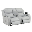Elonzo - Power Motion Loveseat With Console, LED, Power Headrest & Speaker - Light Gray