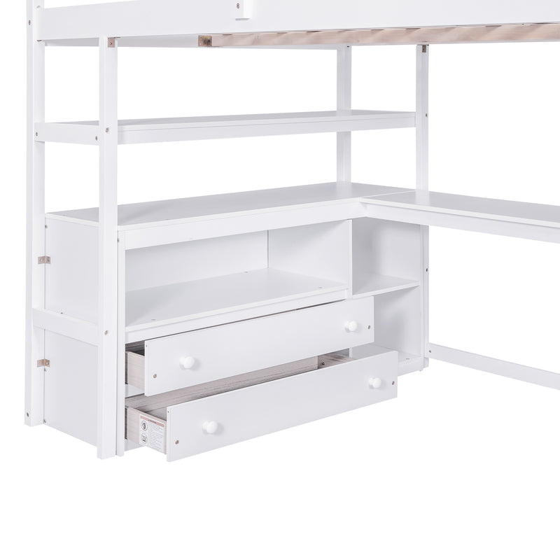 Full Size Loft Bed with Desk and Shelves, Two Built-in Drawers, Storage Staircase, White