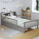 Bed With Headboard Storage Rack, 2 Under Bed Drawers, 3 Side Guardrails For Safety