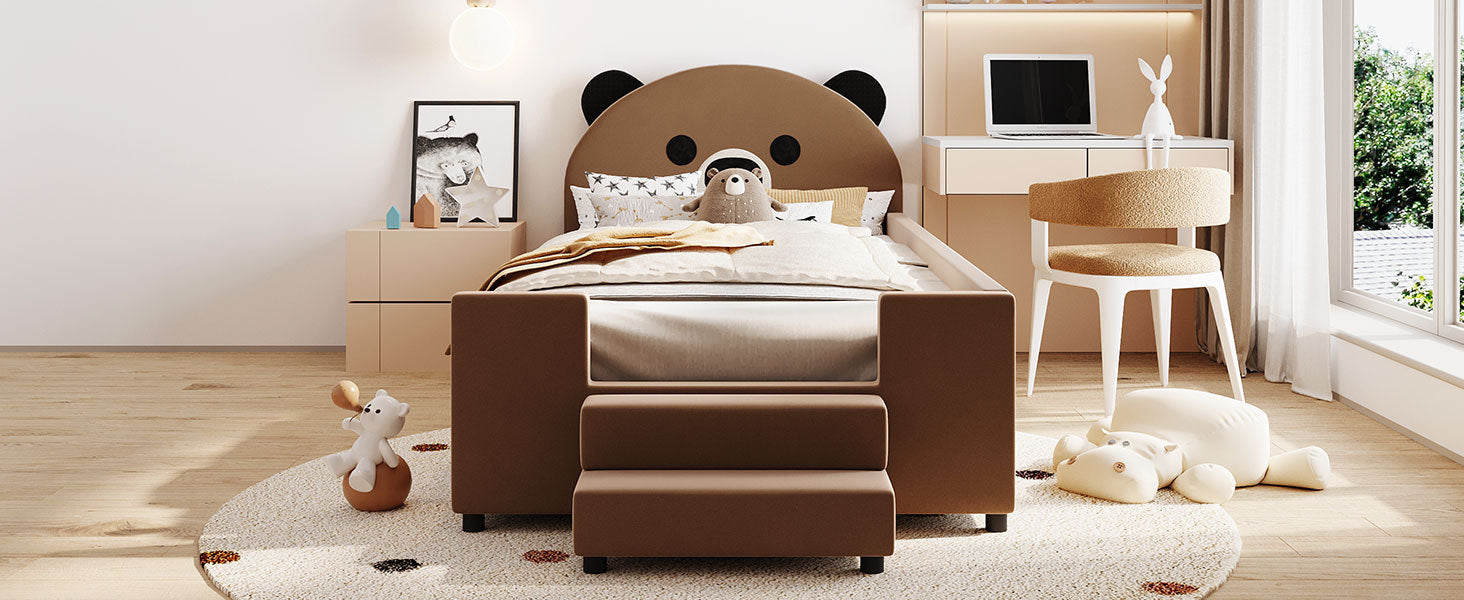Twin Size Upholstered Daybed with Bear Shaped Headboard, Hydraulic System and Breathable Mesh Fence, Brown - Atlantic Fine Furniture Melbourne FL