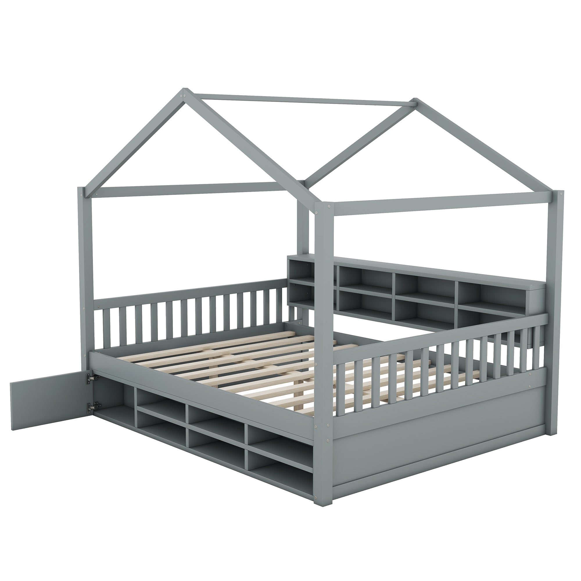 Full Size Wooden House Bed with Shelves and a Mini-cabinet, Gray - Atlantic Fine Furniture Melbourne FL