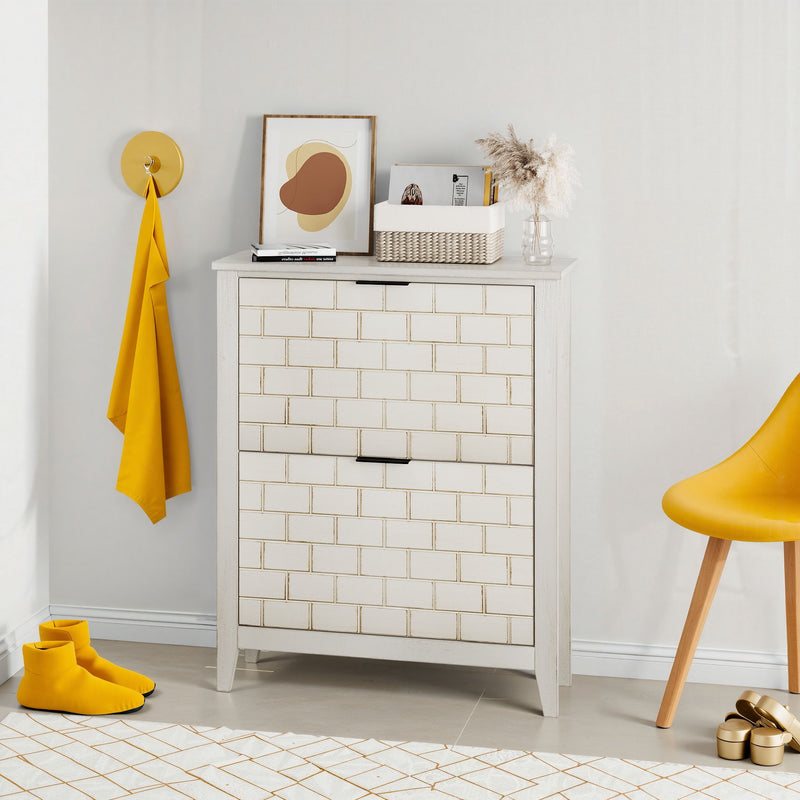 Retro Shoe Storage Cabinet, Mid Century Vintage Freestanding With 2 Flip Drawers, Suitable For Entryway - Retro White / White / Vintage