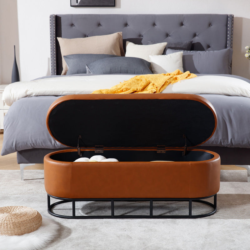 Oval Storage Bench For Living Room Bedroom End Of Bed, Sherpa Fabric Plush Upholstered Storage Ottoman Entryway Bench With Metal Legs