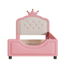 Twin Size Cute Princess Upholstered Daybed Low To The Ground Design With Button Tufted Crown Headboard For Kids - Pink