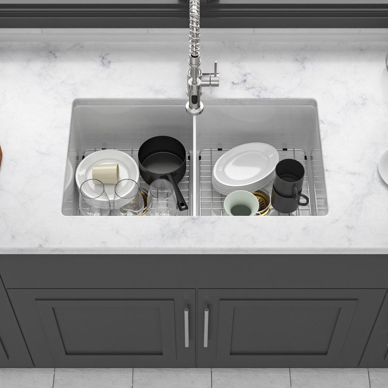 32" Undermount Double Bowl Kitchen Sink Rectangular Deep Dual Bas With Grids - White