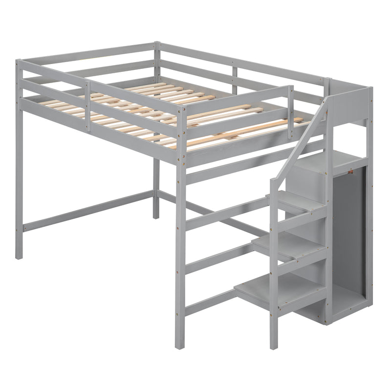 Full Size Loft Bed with Built-in Storage Wardrobe and Staircase, Gray