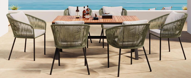 7 Pieces Patio Dining Set, All-Weather Outdoor Furniture Set With Dining Table And Chairs, Acacia Wood Tabletop, Metal Frame, For For Garden, Backyard, Balcony - Green