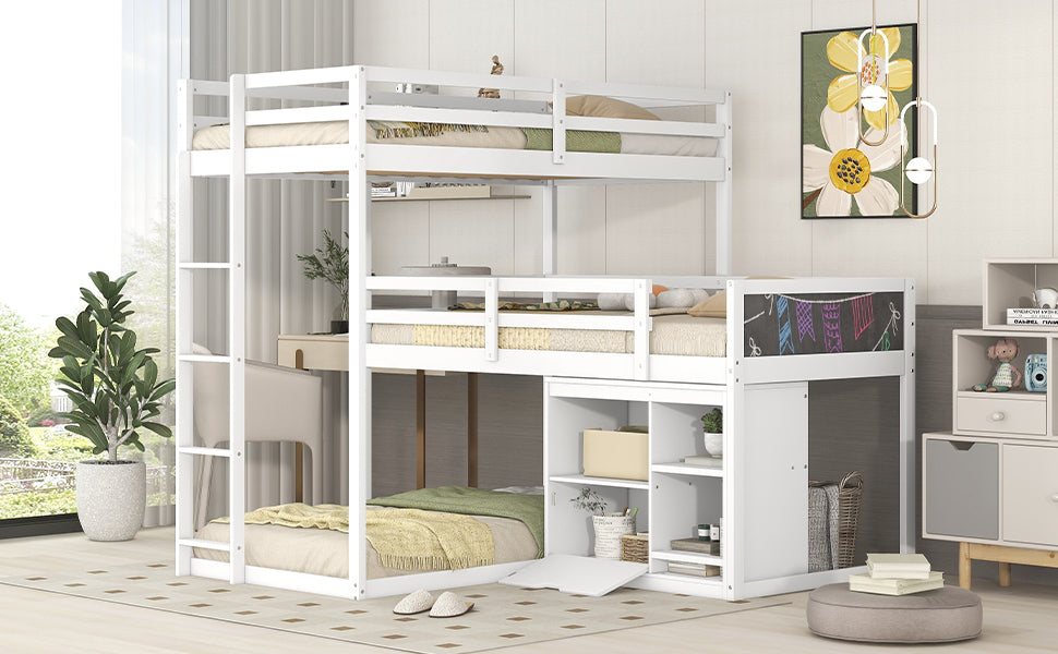 L-shaped Wood Triple Twin Size Bunk Bed with Storage Cabinet and Blackboard, Ladder, White