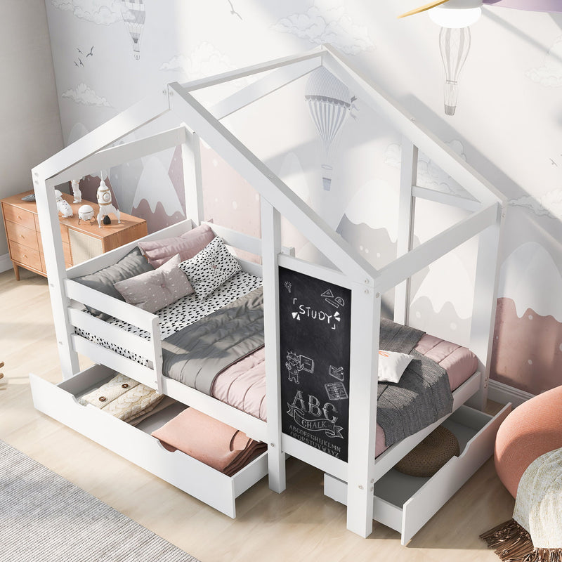 Twin House Bed With Blackboard And Drawers, 2 Assembly Options - White