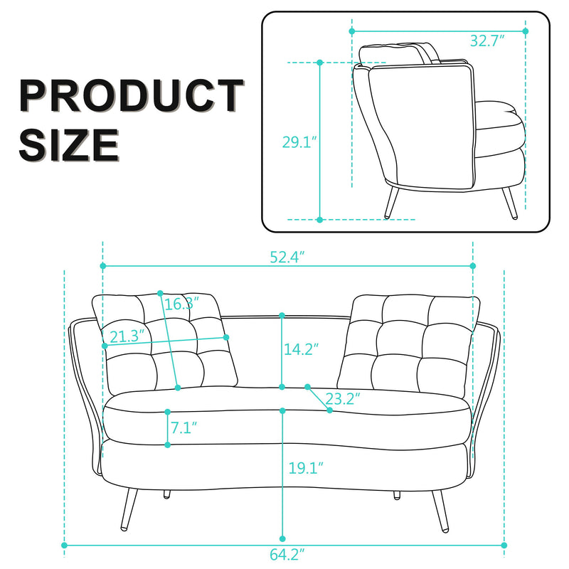 Polyester Fiber Loveseat Sofa Chair Upholstered Couch With Golden Metal Legs Club Two-Seat Sofa For Living Reading Room Bedroom Apartment Small Space Dorm