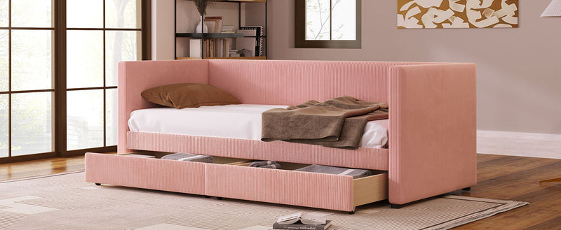 Twin Size Corduroy Daybed With Two Drawers And Wood Slat