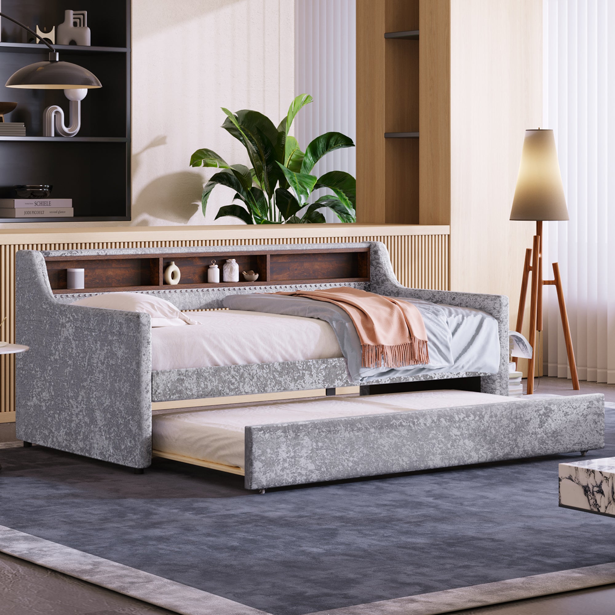Twin Size Snowflake Velvet Daybed with Trundle and Built-in Storage Shelves,Gray - Atlantic Fine Furniture Melbourne FL