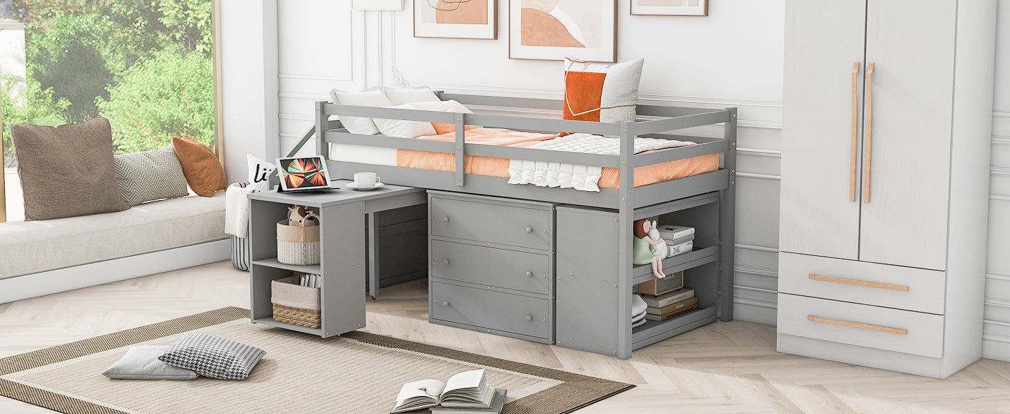 Twin Size Loft Bed with Retractable Writing Desk and 3 Drawers, Wooden Loft Bed with Storage Stairs and Shelves, Gray - Atlantic Fine Furniture Melbourne FL