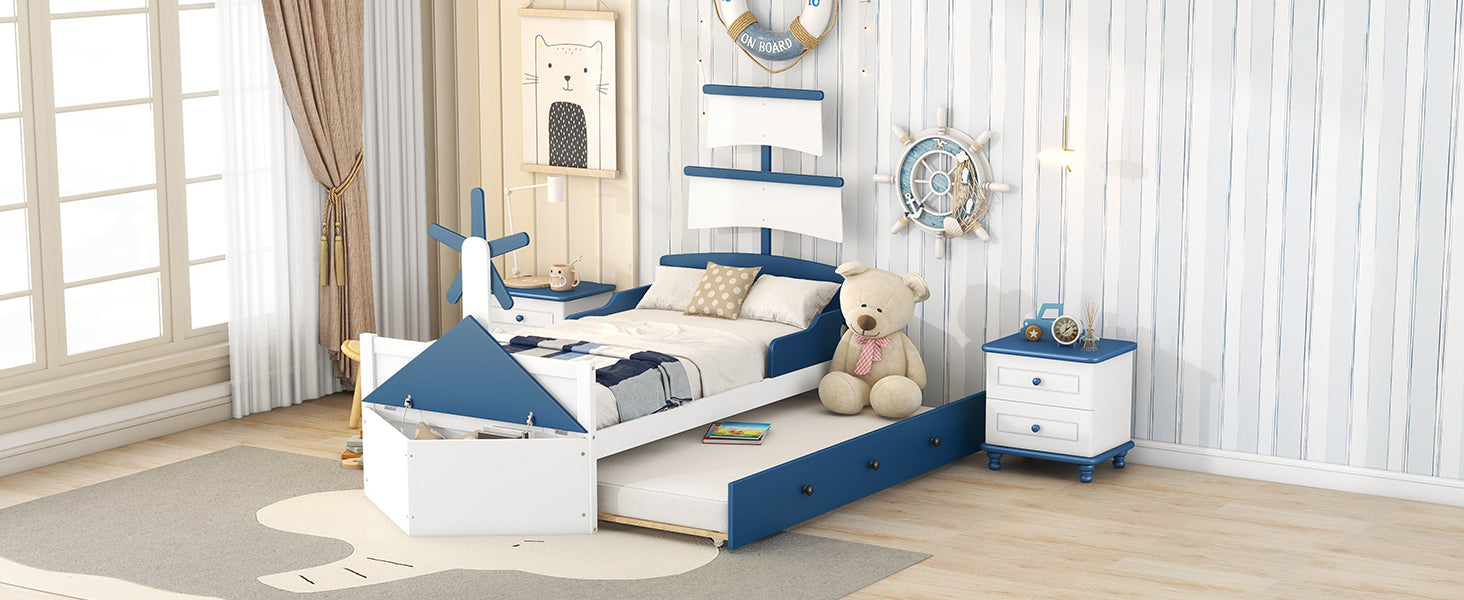 3-Pieces Bedroom Sets,Twin Size Boat-Shaped Platform Bed with  Trundle and Two Nightstands,White+Blue - Atlantic Fine Furniture Melbourne FL