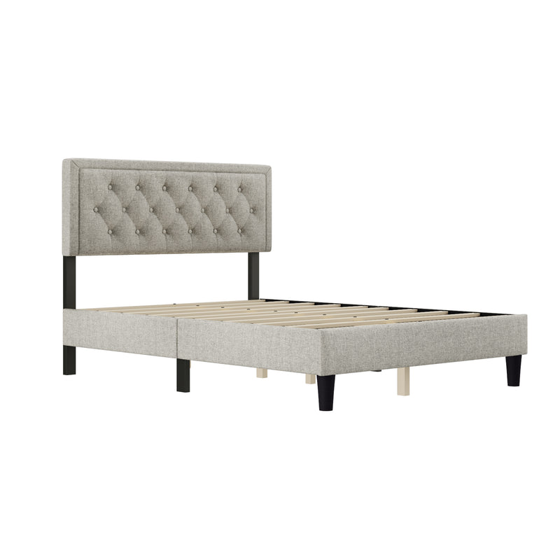 Queen size Panel Bed Frame with Adjustable Button-Tufted Headboard for Bedroom/Linen Upholstered/Wood Slat Support/Easy Assembly,Linen Beige
