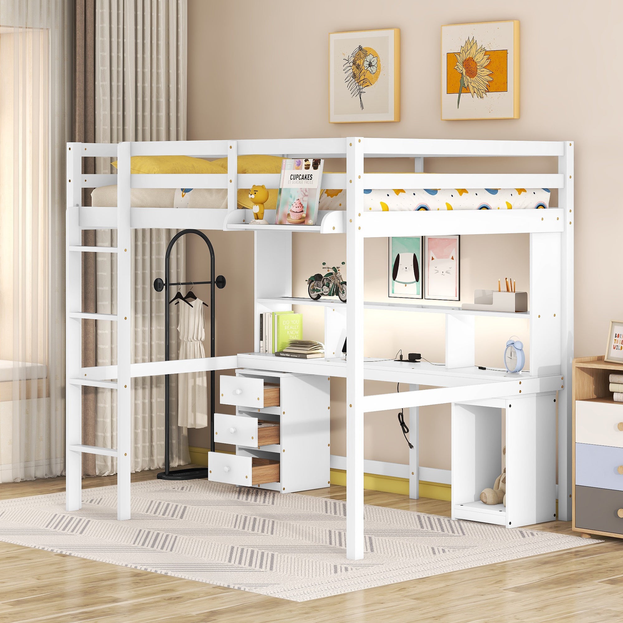 Full Size Loft Bed with Multi-storage Desk, LED light and Bedside Tray, Charging Station, White - Atlantic Fine Furniture Melbourne FL