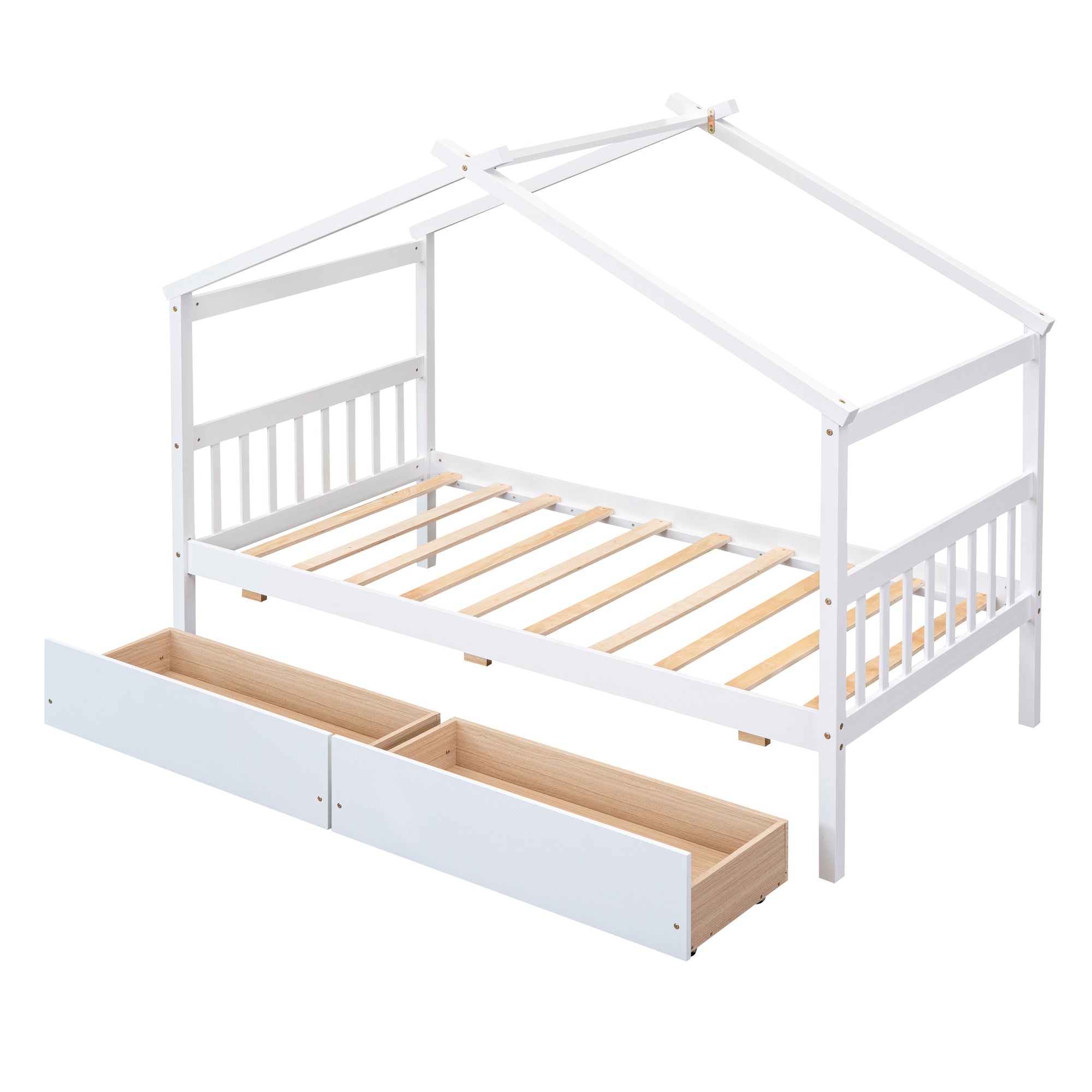 Twin Size Wooden House Bed with Drawers, White - Atlantic Fine Furniture Melbourne FL