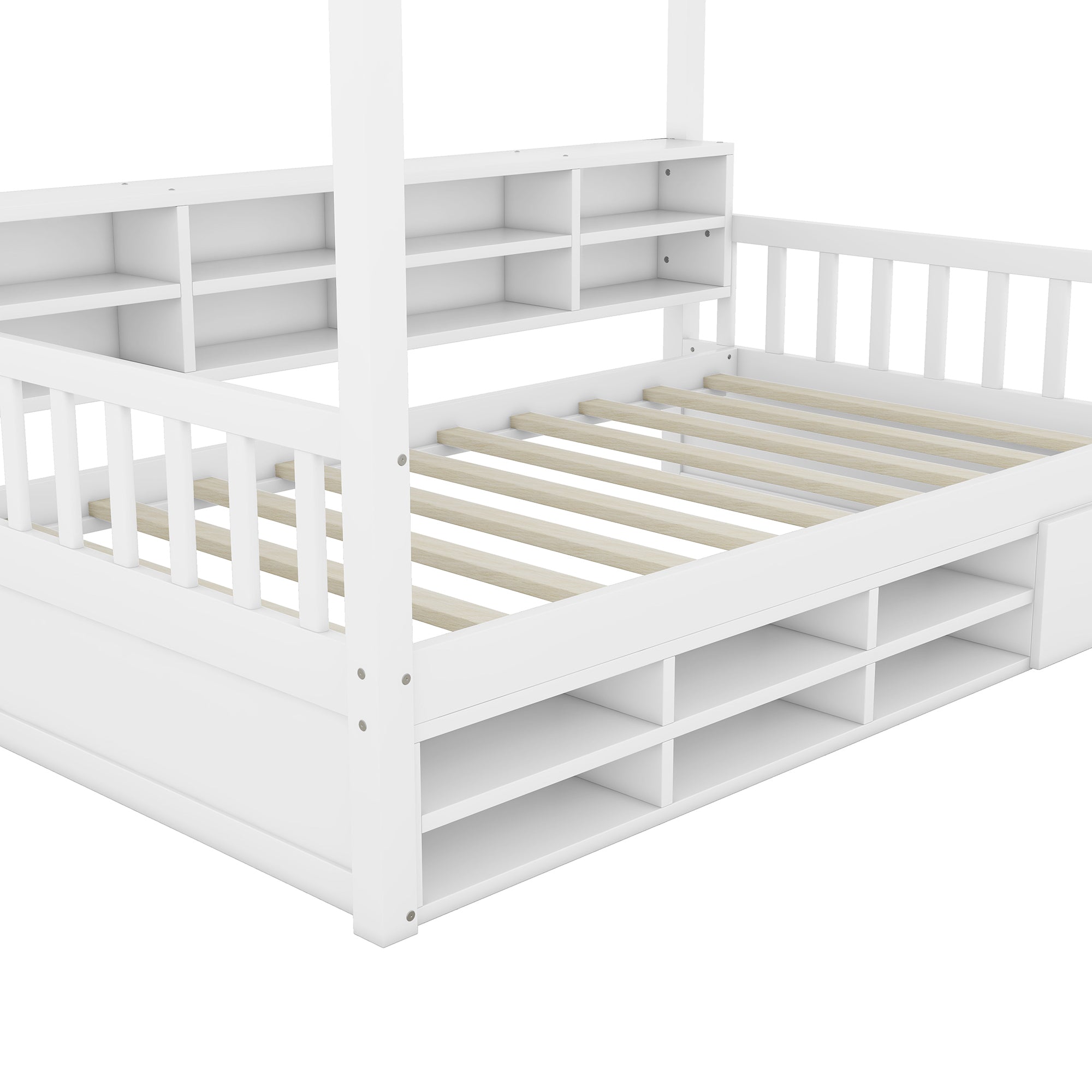Twin Size Wooden House Bed with Shelves and a Mini-cabinet, White - Atlantic Fine Furniture Melbourne FL