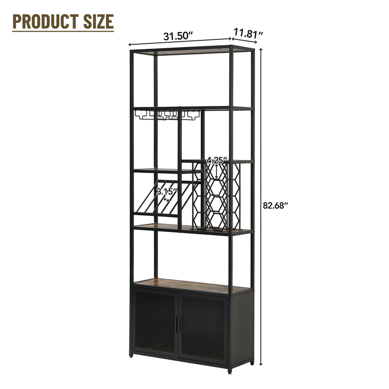 82.7" Industrial Standing Wine Rack With Glass Rack Tall Freestanding Floor Bar Cabinet - Walnut / Black