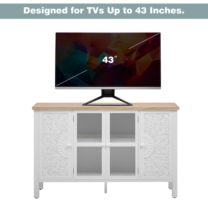 Retro TV Stand With 3 Spacious Cabinets, Glass Cabinet Doors And Anti-Tip Device