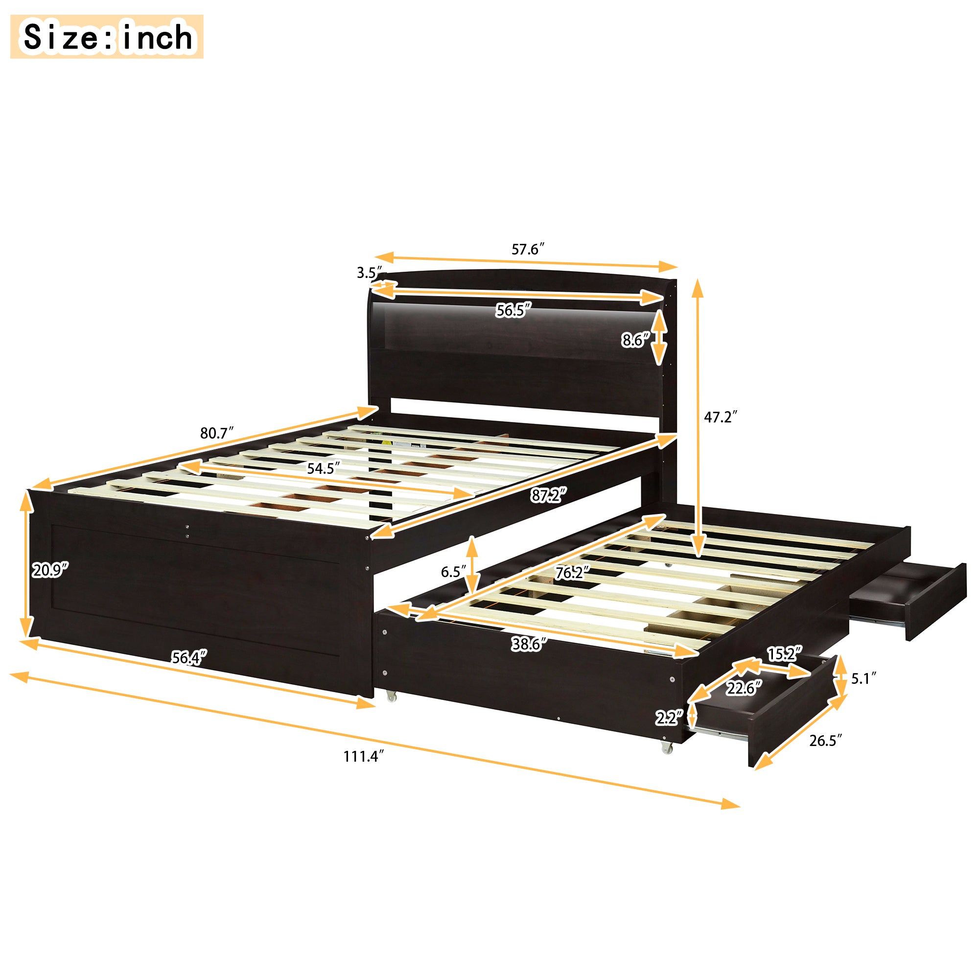 Full XL Size Platform Bed with Storage LED Headboard, Charging Station, Twin Size Trundle and 2 Drawers, Dark Brown - Atlantic Fine Furniture Melbourne FL