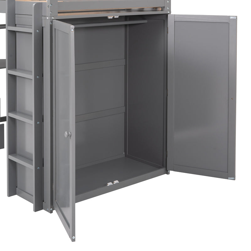 Twin size Loft Bed with Drawers,Desk,and Wardrobe-Gray